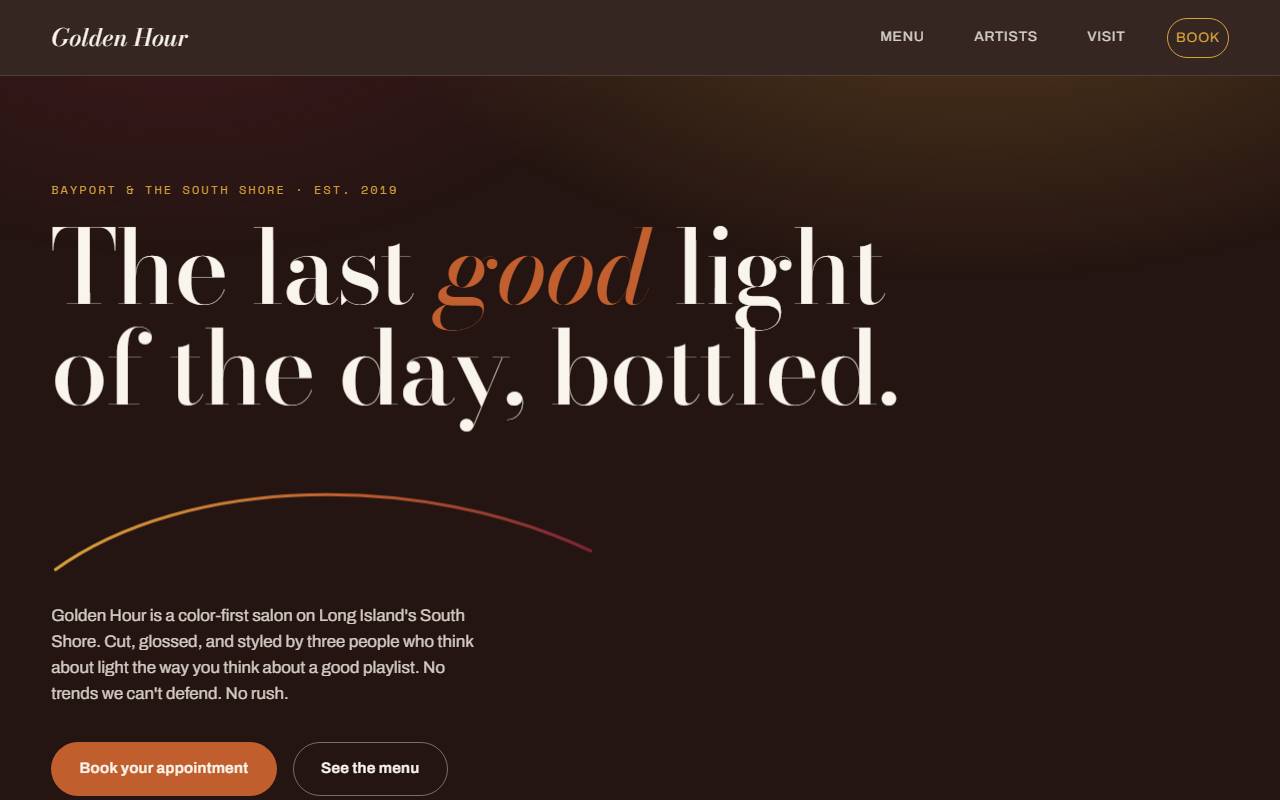 Homepage of Golden Hour Salon, a demo hair salon website
